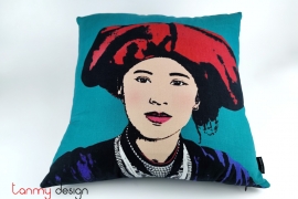 Cushion cover printed Vietnamese ethnic woman- Miss Dao/ turquois